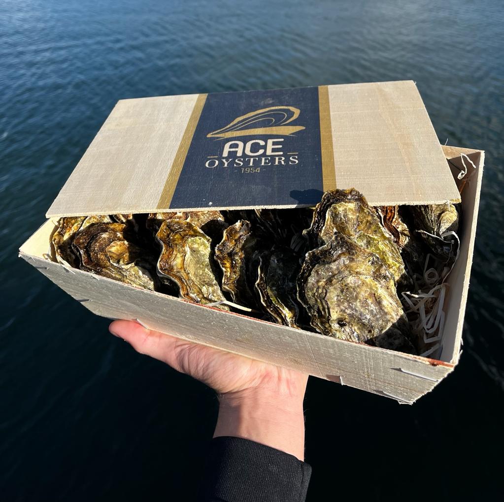 ACE oestermandje met Zeeuwse Oesters erin, met de Oosterschelde op de achtergrond